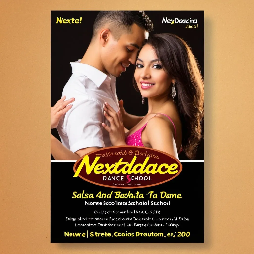 Prompt: promotion flyer for a salsa and bachata dance school with the name NextDance
