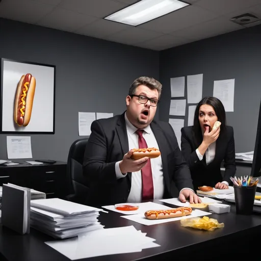 Prompt: Paint airport restaurant manager in a dark office with computers and papers all over desk. And staff irritating them. They’re fat boss sitting on filing cabinet sweating and eating footlong hotdog. Male manager having panic attack and female manager looking