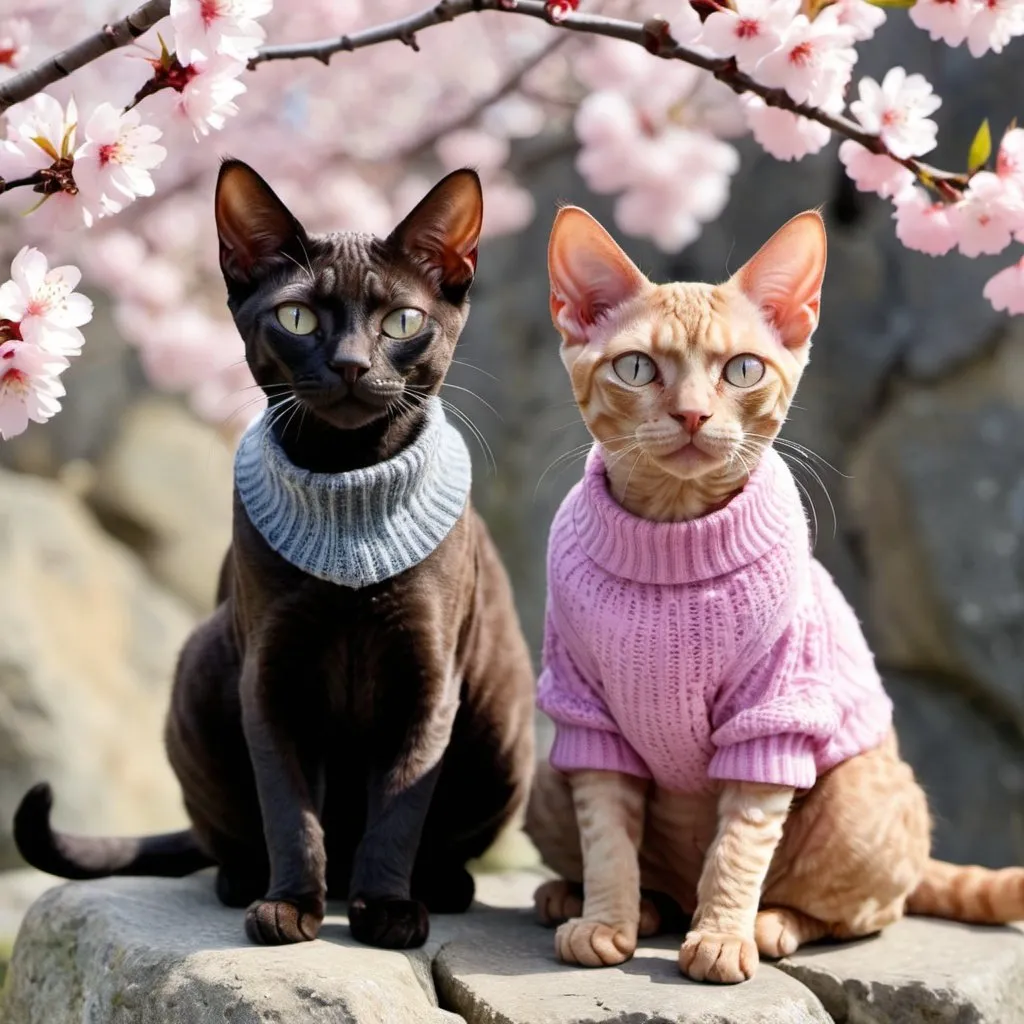 Prompt: Devon rex cats (One chocolate tabby cat  and one black smoke cat) in sweaters sitting next to each other on a rock wall with a cherry blossom tree behind them