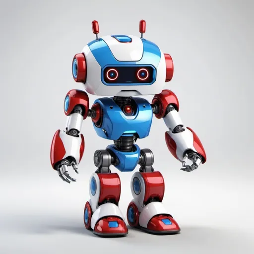 Prompt: A robotic mascot blue white and red design 