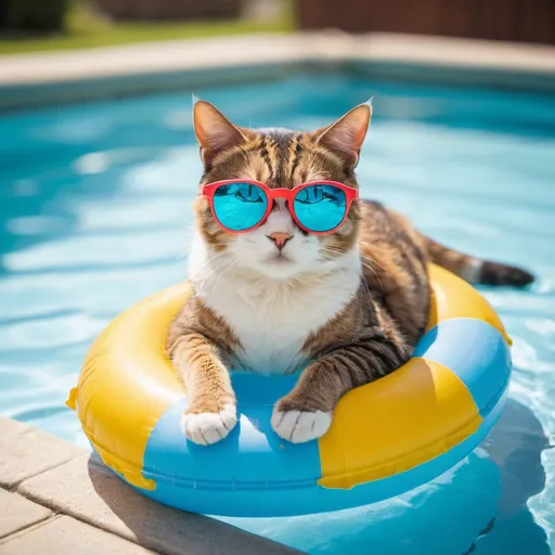 Prompt: a cat swimming in a swimming pool with sun glasses and sitting on a floatie
