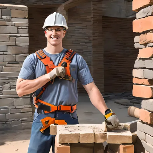 Prompt: Matured mason wearing safety tools holding masonry tools
