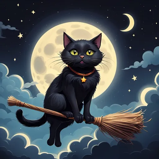 Prompt: A black cat riding a broomstick on the sky night