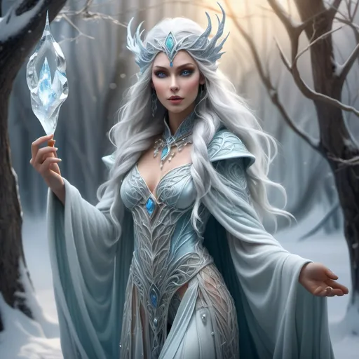 Prompt: In the heart of a winter wonderland, an elven sorceress commands the icy elements with her innate magic. Her figure, delicate yet resolute, is adorned in a flowing ensemble of intricately woven light silk that gracefully drapes around her form, accentuating her ethereal beauty. Over her attire, she wears a lavish fur coat, its plushness contrasting the shimmering silk. Her presence is captivating, her physique endowed with a striking buxomness, yet her poise remains regal. Her cerulean eyes, deep and mesmerizing, reflect both the icy landscape and the fierce determination within her soul. Her hair is a marvel—flowing from deep blue at its roots, it transitions seamlessly into a pristine white, a reflection of her connection to the wintry elements. In her hand, she holds a sword forged from a crystalline, deep blue ice, intricately detailed with arcane symbols and patterns that seem to pulse with frozen power. The blade shimmers with an otherworldly glow, emanating a cold aura that contrasts the warmth of her mystical presence. Adorning her lithe figure are neon blue Viking runes, tracing along her skin like ancient markings etched into the fabric of time. They illuminate faintly, hinting at the depth of her magical prowess. A subtle, almost imperceptible deep blue halo hovers behind her head, an aura that signifies her connection to the arcane forces she commands. Despite the wintry chill, there's an undeniable allure to her demeanor—a sense of confidence and strength paired with a touch of enigmatic charm. Her expression is a mix of determination and a faint, subtle hint of allure, captivating any who meet her gaze.