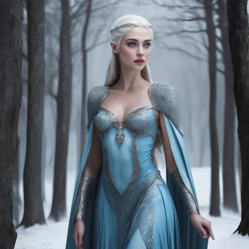 Prompt: In the heart of the wintry landscape, the elven sorceress's figure embodies an elegant yet robust form, defined by a graceful curvature that hints at both strength and ethereal beauty. Her slender neck slopes down to shoulders adorned with delicate features, each curve complementing the next in a symphony of elven grace. The fabric of her silk ensemble drapes and contours over her figure, accentuating the gentle lines of her frame without overshadowing her natural poise.

Her countenance holds an otherworldly allure—the sculpted features of her face resonate with an ethereal quality. High cheekbones frame her visage, leading to a softly angled jawline that speaks of both determination and finesse. A slender nose sits centrally, an elegant bridge leading to full, yet perfectly proportioned, lips that bear the subtlest hint of a smile.

Her cerulean eyes, framed by dark lashes, hold a depth that seems to reflect the very essence of the wintry landscape. They possess a mesmerizing quality, an iridescent shimmer akin to frozen pools, revealing a wisdom that transcends time itself. Above these captivating orbs, arched brows add an air of mystique, perfectly framing her gaze.

The gradient of her hair, transitioning from a deep, rich blue at its roots to a pristine, glistening white, cascades in elegant waves down her back. Each strand seems to capture the essence of the winter season—fluid, yet frozen in time.

Her slender arms and hands, adorned with faint tracings of the same neon blue Viking runes, bear testament to a history steeped in ancient magic. Long, delicate fingers hold a natural grace, hinting at the finesse required to wield the intricate powers at her command.

This description aims to capture the intricate details of her face and body, highlighting the delicate yet powerful features that define her mystical presence amidst the wintry landscape.