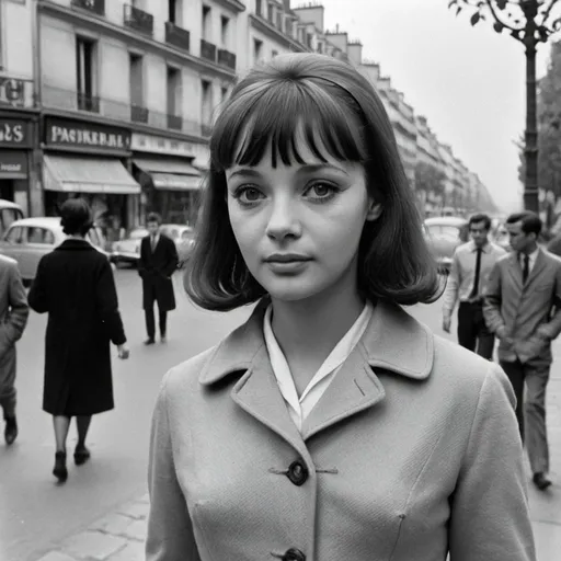 Prompt: A film still that appears to be from a 1960s French New Wave movie that shows Anna Karina walking in Passy, Paris. She is wearing the same outfit as Jean Seberg in Breathless.