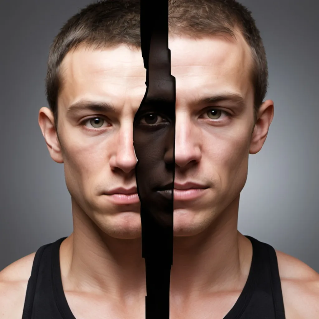 Prompt: Split face effect: One side of the person’s face or body looking fit/healthy, while the other side is distorted or exaggerated (either extremely muscular or unrecognizable).