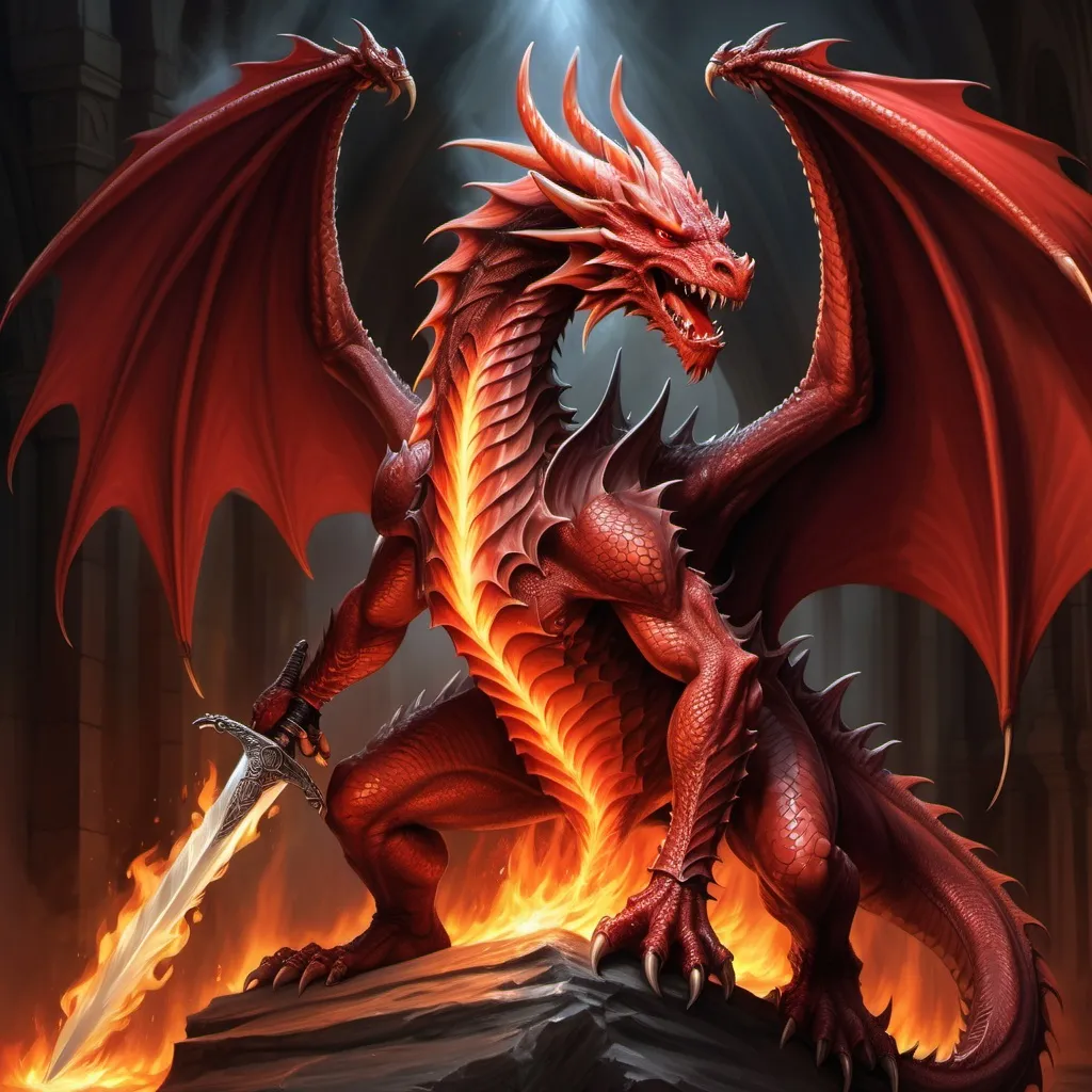 Prompt: a red dragon with a sword and a demon like body on fire, holding a sword and a flame, Anne Stokes, fantasy art, dragon art, concept art