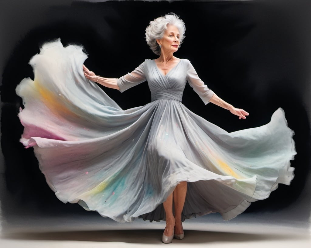 Prompt: A 72-year-old warm, doughy white woman with a big permed bouffant of gray hair, feminine focus, graceful, and elegantly dressed in a flowing dress.

Her dress spins and emits sparks and glitter in a serene whirlwind of color

Gouache watercolor, 200mm lens (full body view:1.8), dynamic motion, color splash, soft lighting, fine detail, masterpiece.