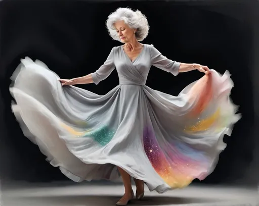 Prompt: A 72-year-old warm, doughy white woman with a big permed bouffant of gray hair, feminine focus, graceful, and elegantly dressed in a flowing dress.

Her dress spins and emits sparks and glitter in a serene whirlwind of color

Gouache watercolor, 200mm lens (full body view:1.8), dynamic motion, color splash, soft lighting, fine detail, masterpiece.