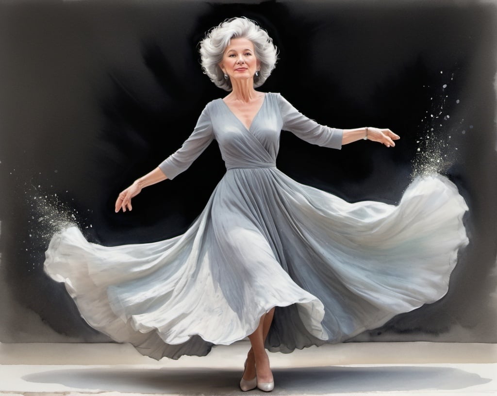 Prompt: A 72-year-old warm, doughy white woman with a big permed bouffant of gray hair, feminine focus, graceful, and elegantly dressed in a flowing dress.

Her dress spins and emits sparks and glitter in a serene whirlwind of color

Gouache watercolor, 200mm lens (full body view:1.8), dynamic motion, color splash, soft lighting, fine detail, masterpiece.