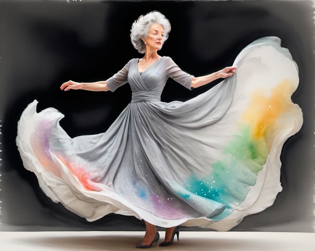 Prompt: A 72-year-old warm, doughy white woman with a big permed bouffant of gray hair, feminine focus, graceful, and elegantly dressed in a flowing dress.

Her dress spins and emits sparks and glitter in a serene whirlwind of color

Gouache watercolor, 200mm lens (full body view:1.8), dynamic motion, color splash, soft lighting, fine detail, masterpiece.