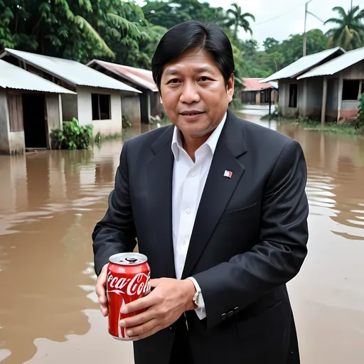 Prompt: President bongbong marcos holding a coke in a formal suit and the background in flooded homes