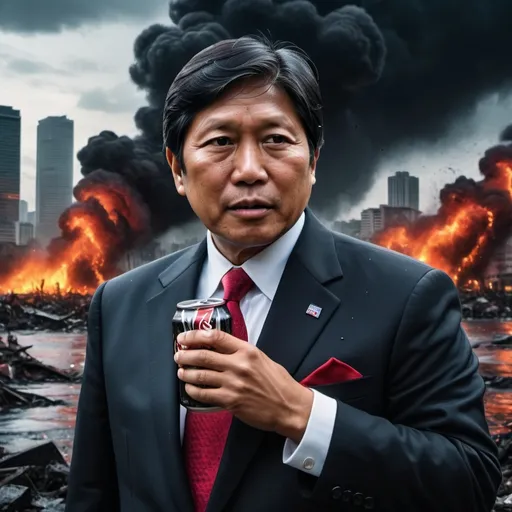 Prompt: President bongbong marcos with formal suit smelling the coke on his hand.
The background is a city flooded and people is angry to him and want to kill him