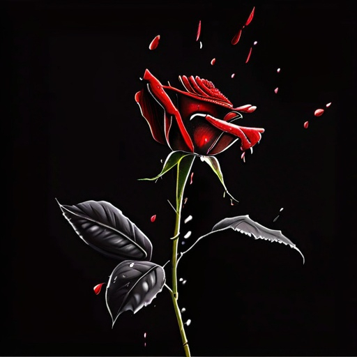 Prompt: A standing red rose in a dark room, falling petals, black background, high contrast, oil painting, detailed petals, Sad, dramatic, high quality, dark tones, artistic, floral, Sad romantic