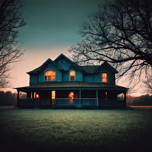 Prompt: midwestern house, blue light, dusk, depressive, autumn, emo, hyperrealistic, american football album cover style