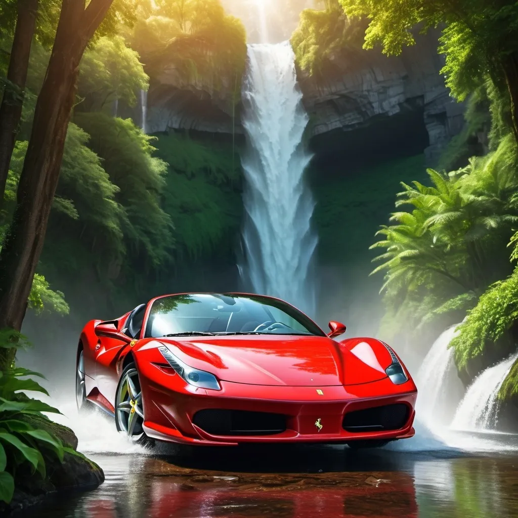 Prompt: A car in red colour Ferrari with water fall