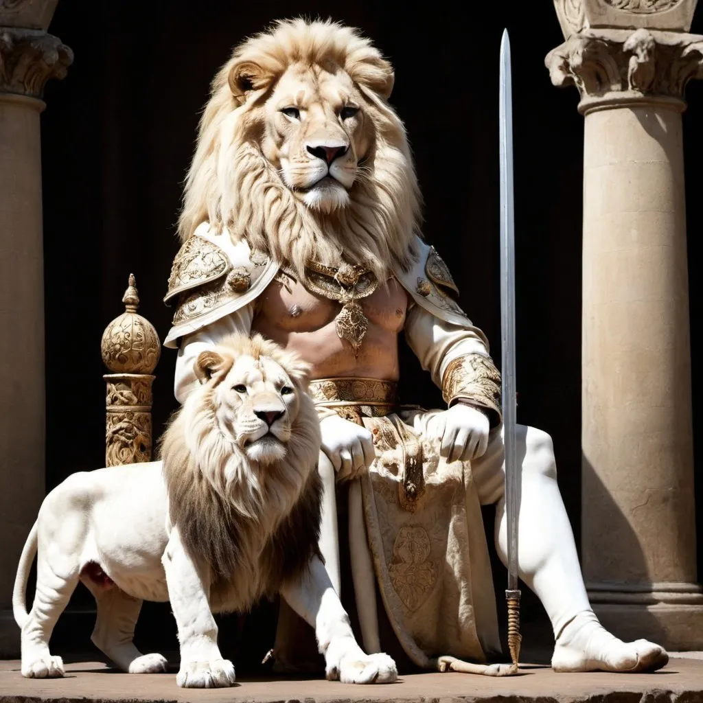 Prompt: A king on rope with a sword in his hand and a white lion in his front