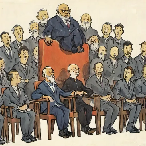 Prompt: Man sitting in a chair surrounded by guys in multiple other chairs, its the chair counsel. So many chairs and so many guys sitting in the chairs. People and creatures of all kinds and races. All meeting for the giant chair counsel.