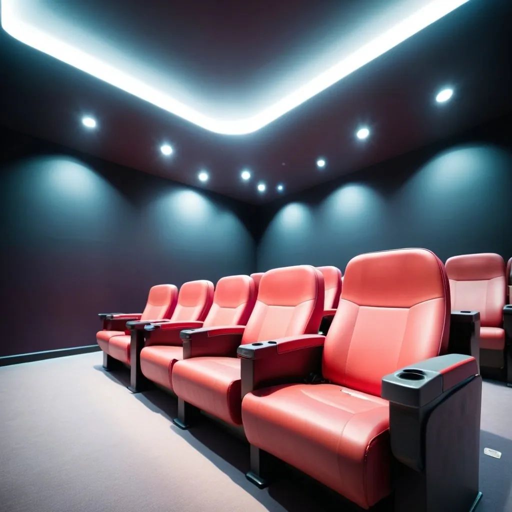 Prompt: Cinema seat inside a clean cinema hall with new and clean seats with beautiful lighting