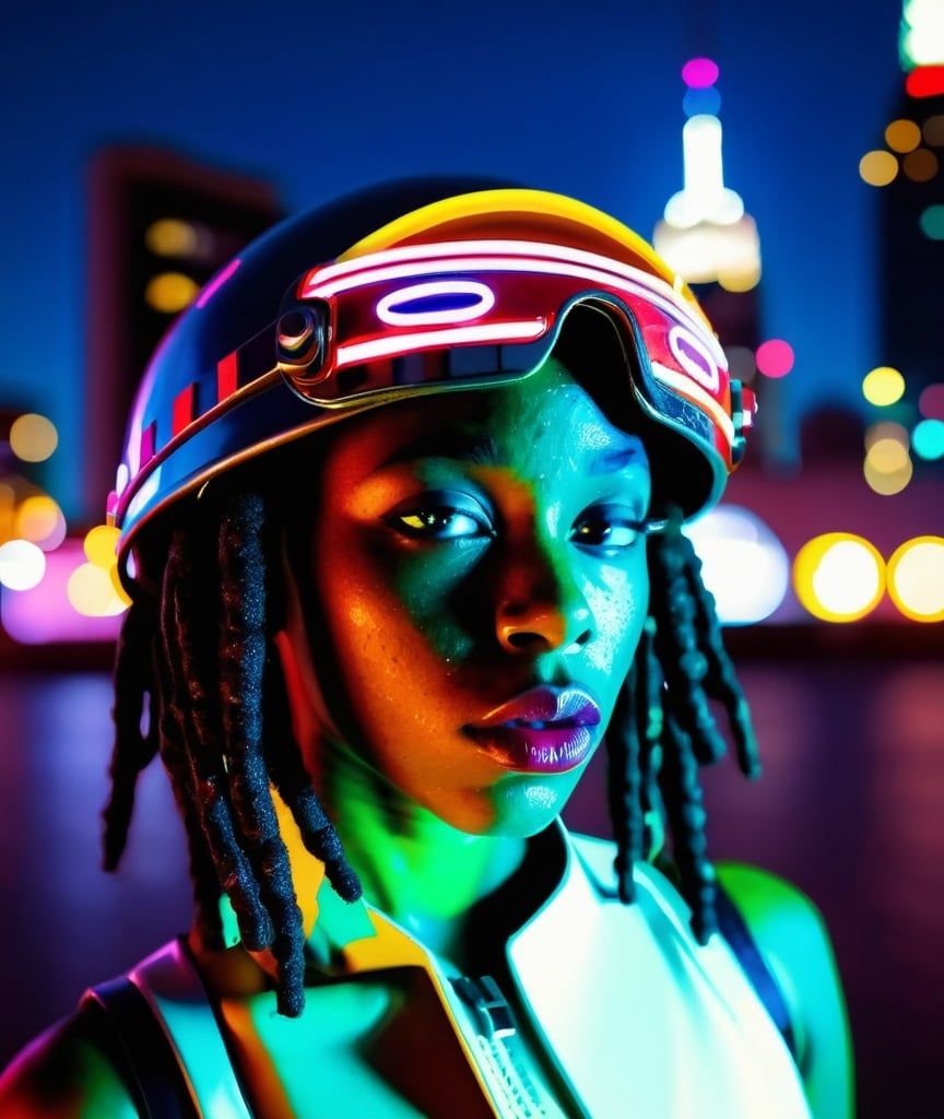 Prompt: a portrait of a black woman with dreadlocks and with neon warpaint with her mouth slightly open and an overbite and a 1930s Streamline Moderne inspired helmet and visor on her head fully shielding her eyes and a city in the background with lights, afrofuturism, cyberpunk art, Streamline Moderne