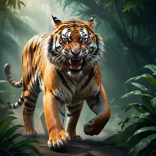 Prompt: (tiger in an attacking pose), fierce expression, powerful muscles, sharp claws extended, dynamic and intense energy, dramatic lighting casting shadows, a vibrant background of dense jungle foliage, mist rising, atmospheric and wild, conveying danger and primal instinct, meticulous details in fur pattern, ultra-detailed, HD, cinematic ambiance.