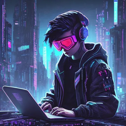 Prompt: Hacker boy with laptop, digital illustration, hoodie and goggles, futuristic cyberpunk setting, neon glow, high-tech laptop, intense and focused gaze, urban cityscape in the background, detailed hair and clothing, best quality, digital illustration, cyberpunk, neon glow, intense gaze, futuristic, hoodie and goggles, urban cityscape, high-tech laptop, detailed hair, atmospheric lighting