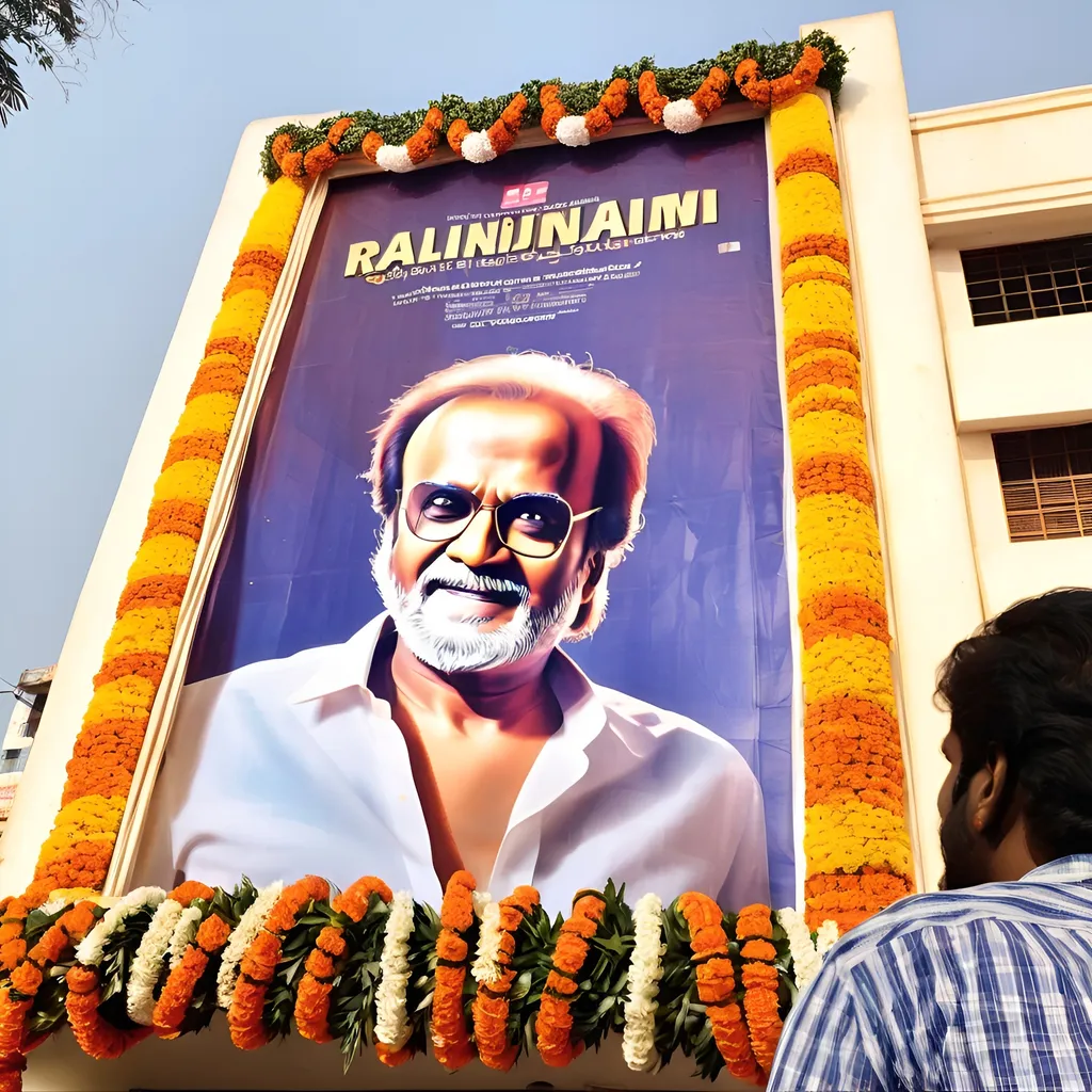 Prompt: A guy watching Big rajinikanth cutout at outside of sathyam theatre with a garland
Low angle