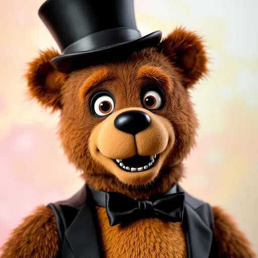 Prompt: a animatronic bear with a top hat and black bowtie 