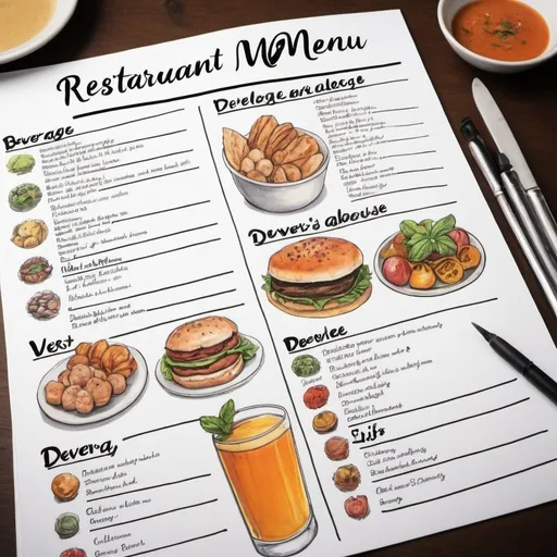 Prompt: draw a restaurant menu in english include starter, main, desert and a vegan option,include allergies and list of  beverlages