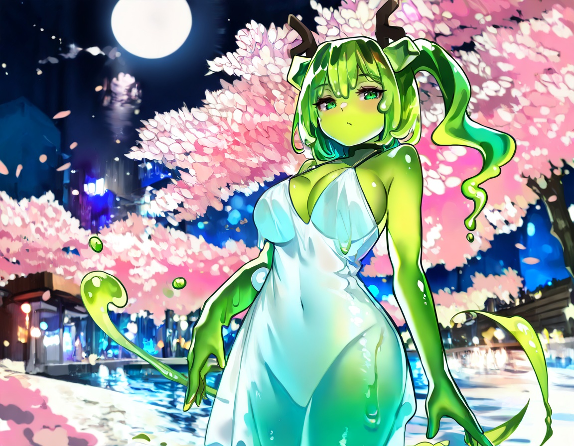 Prompt: artist:[john kafka|ponsuke kaikai|hara id 21|yoneyama mai|fuzichoco], (((masterpiece,best quality,newest,absurdres,highres))), high contrast, colorful, detailed light, light leaks, beautiful detailed glow, shiny skin, cinematic lighting, ray tracing, dynamic angle, 1girl, solo, female focus, looking at viewer, half-closed eyes, cowboy shot,  AngieMC, deer girl, green eyes, side ponytail,  slime girl, slime \(substance\), transparent, see-through, green skin, water dress,  cherry blossoms, moonlight, 