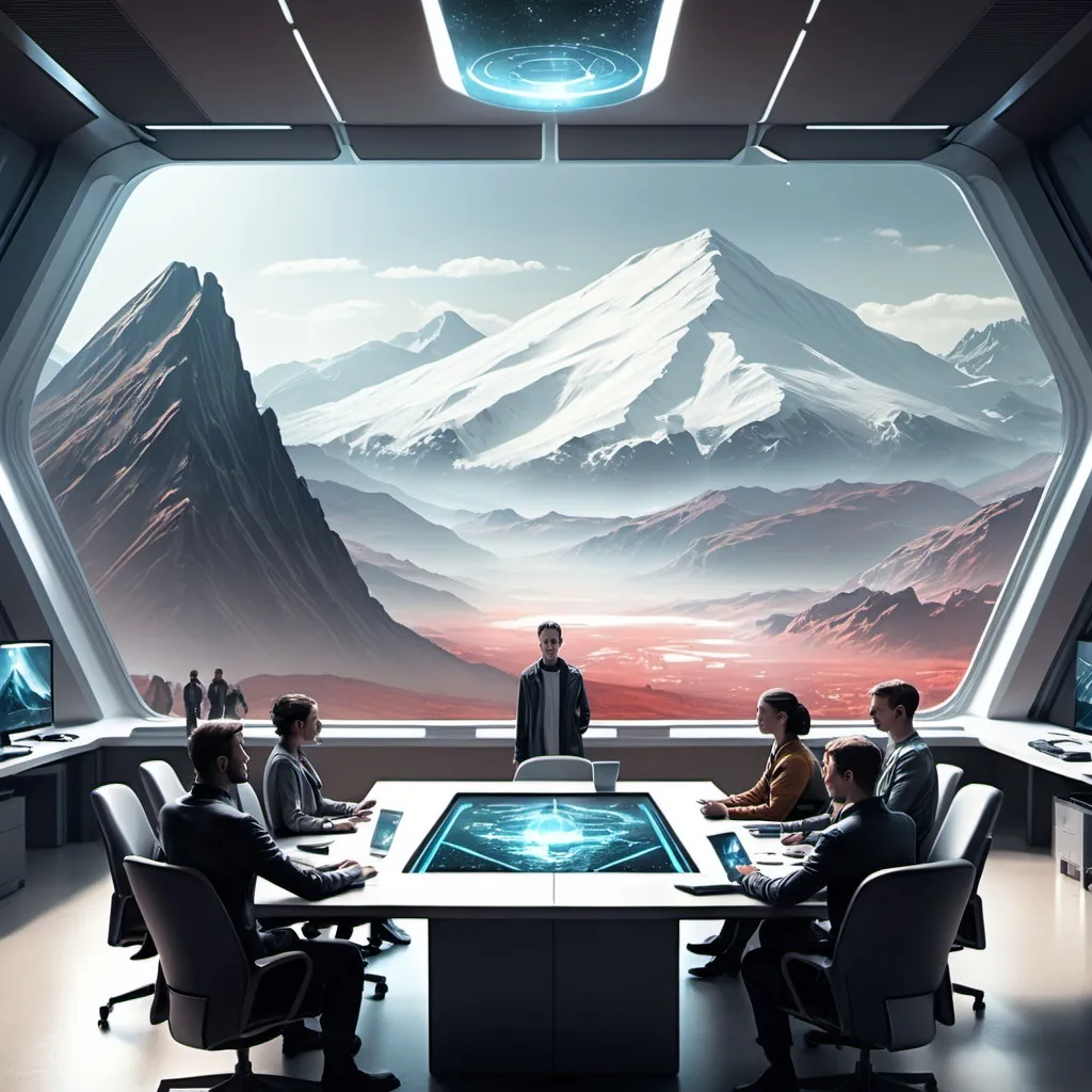 Prompt: A sci fi conference room with people in it and a Mountain View