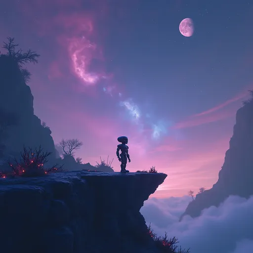 Prompt: “A small, lonely robot standing on the edge of a cliff on an alien planet. The sky is filled with purple and blue nebulae, distant stars, and two moons. The planet’s surface is rocky with glowing plants and strange alien trees. The robot is looking up toward the sky, surrounded by silence and wonder. Cinematic lighting, 4K, sci-fi atmosphere, wide-angle shot.”