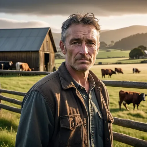 Prompt: Photo-realistic image of a new zealand dairy farmer in a paddock with a farm shed in the background