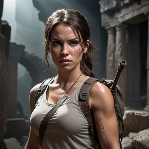 Prompt: (female hero resembling Lara Croft), (young brunette woman), medium-length hair in a ponytail, determined expression, adventurous pose, cool theme with a mystical ambiance, rugged clothing and gear, action-ready stance, dramatic shadow play, enhance the cinematic atmosphere, detailed background of ancient ruins, atmospheric lighting, (highly detailed) image quality, (HD).