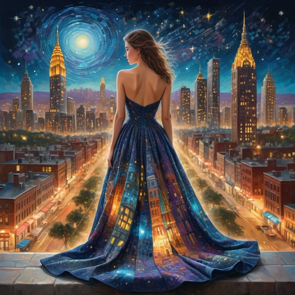 Prompt: a woman with a really big dress with a whole city on it with a lot off lights 