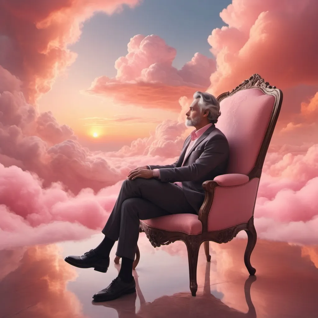 Prompt: pink clouds with a man sitting in them on a chair
