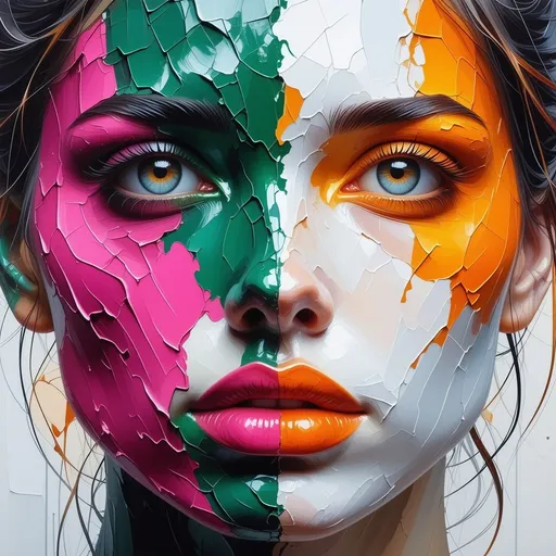 Prompt: Facial Portrait: The full head of a woman, divided into two halves in a chaotic and irregular manner, painted with thick oil paint and palette knives of different sizes, with intense texture and great expressiveness. Her neck is completely visible, normal, and anatomically defined, painted clearly and smoothly.

The left side of her face is covered in intense magenta (#FF00FF), emphasizing the textures. Painted with thick oil paint and palette knives of different sizes, with intense texture and great expressiveness, shadows, and dark areas, including the details of her hair and eyes. Her right eye shines intensely with the same magenta hue (#FF00FF).

The right side of her face is painted in a vibrant lime green (#00FF00), emphasizing the textures. Painted with thick oil paint and palette knives, with intense texture and great expressiveness, shadows, and dark areas. Her left eye shines intensely with the same vibrant lime green hue (#00FF00).

The lips are painted entirely with a dense layer of bright orange (#FF7F00), with a strong presence of color.

Use pure, saturated black only for fine details such as eyelids, wrinkles, and hairlines. The background is white, painted with thick oil paint and palette knives, with intense texture and great expressiveness, with spots, ridges, and uneven thickness, with a dramatic play of light and shadow that emphasizes the depth and texture of the stroke.

Style: Expressionist oil painting, thick impasto technique, strong contrasts, palette knife painting.