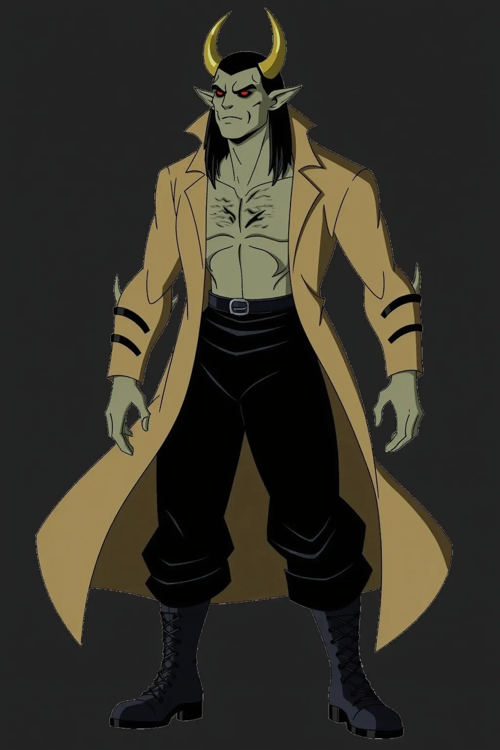 Prompt: humanoid masculine  muscular alien with two curved horns extending from his forehead with crimson eyes with black pupils and long shoulder length black hair, dressed in a open brown trench coat exposing scarred chest with black baggy pants tucked into black combat boots 