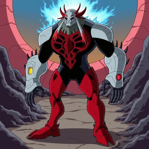 Prompt: ultimate Aggregor, (dynamic character pose), striking silver and red color scheme, bold black accents, fierce expression, detailed features, energy emanating, sci-fi theme, action-packed ambiance, (vibrant colors), sleek design, highly detailed, HD graphics, emphasizing heroism and power, dramatic lighting effects, captivating background of an alien landscape.