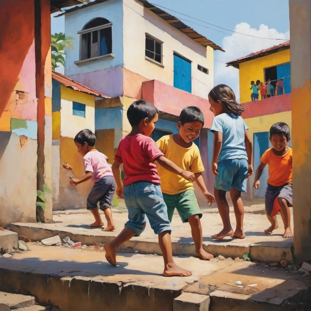 Prompt: colourful and harmonious painting of children playing in a poor neighbourhood of latin america