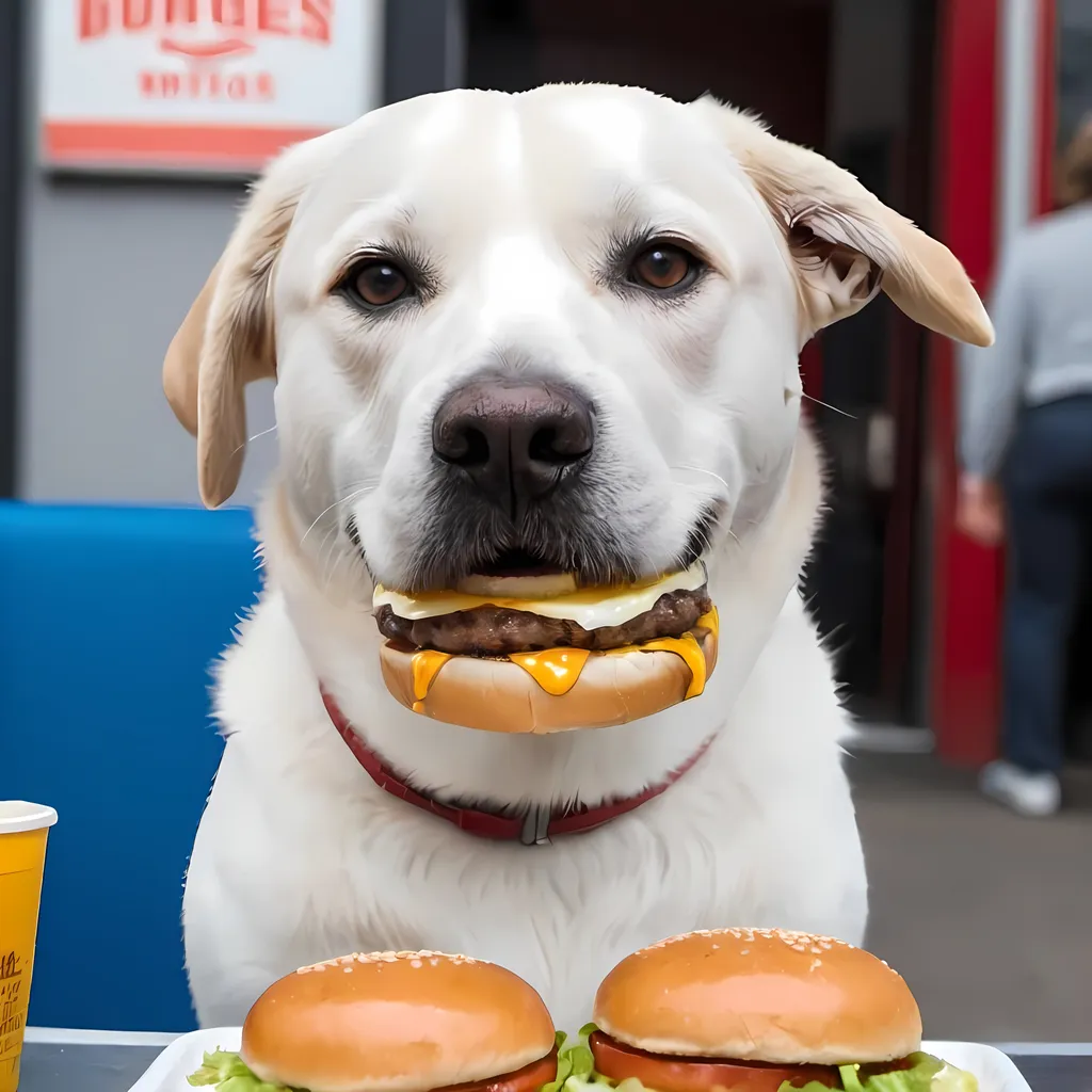 Prompt: A dog eating a burger