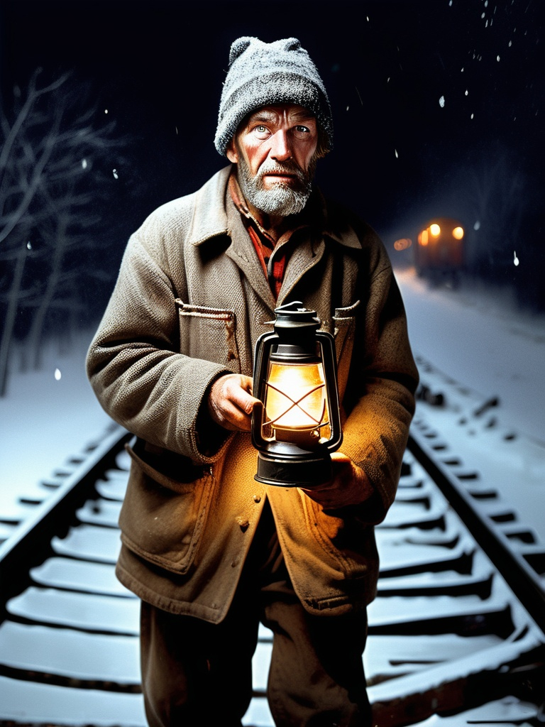 Prompt: Rugged hobo from the great depression era riding inside a boxcar on the railroad line. He holds an amber glowing lantern hoping to see through the very heavily falling snow in the night air 