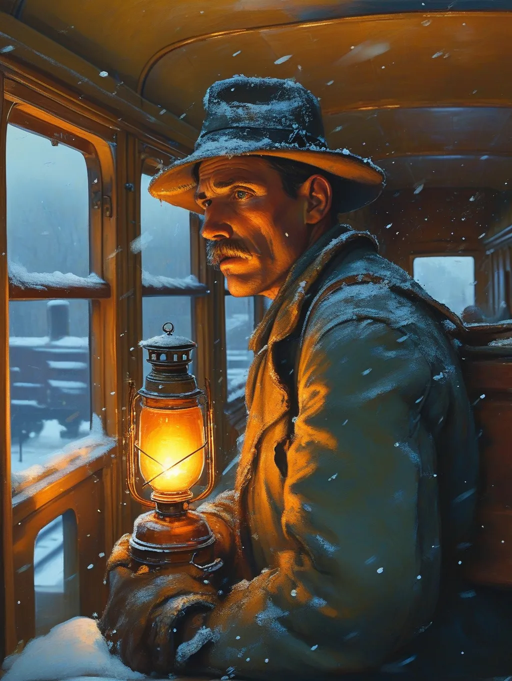 Prompt: Rugged hobo from the great depression era riding inside a boxcar on the railroad line. He holds an amber glowing lantern hoping to see through the very heavily falling snow in the night air 