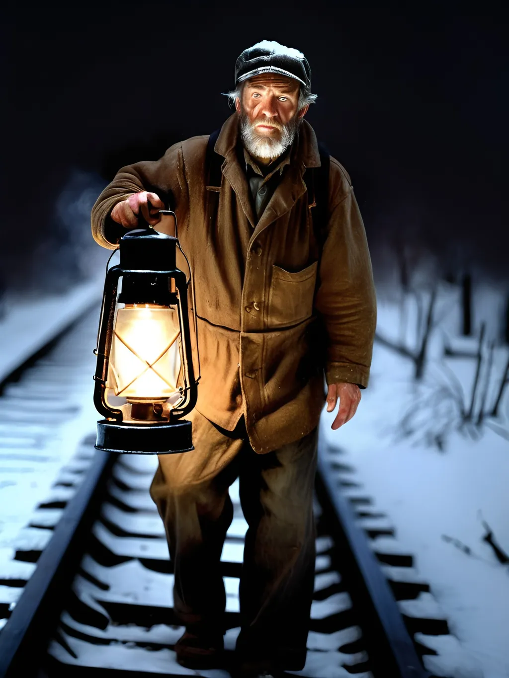 Prompt: Rugged hobo from the great depression era riding inside a boxcar on the railroad line. He holds an amber glowing lantern hoping to see through the very heavily falling snow in the night air 