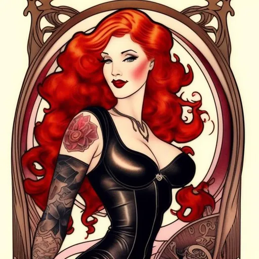 Prompt: beautiful woman pinup, tattooed, long flowing bright red hair, in leather,  art nouveau style