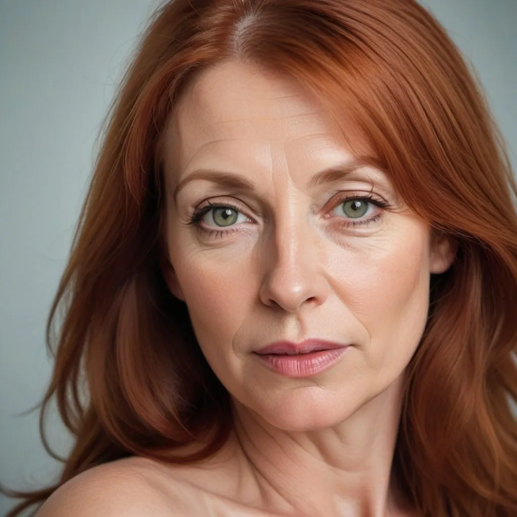 Prompt: WOMAN, ULTRA HIGH RESOLUTION, HD, LONG RED HAIR, 47 YEARS OLD, ROUND FACE, LARGE HAZEL EYES, FULL LIPS, ROUND NOSE, THOUGHTFUL, MAGAZINE PHOTOSHOOT, 