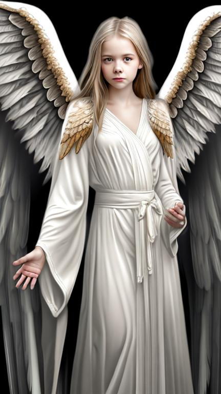 Prompt: guardian angel, full length portrait, wings, female young adult, robes, highly detailed, arms spread