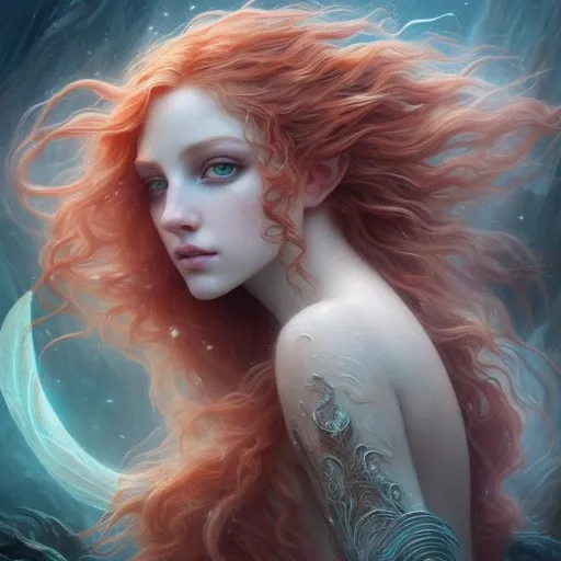 Prompt: Fantasy, Epic, Stunning, Spectacular, cinematic, 3D, HD, Beautiful!! {female}Sea Nymph, long flowing FLAME RED hair, ultra detailed full body artistic photography, detailed gorgeous face, Beautiful big {moon-shaped}reflective eyes,  full moon background,  Gorgeous detailed face, shadows, , brush strokes, ultra sharp focus, William-Adolphe Bouguereau, matte painting movie poster, silver ratio, epic, intricate, cinematic character render, hyper realistic, 64K 