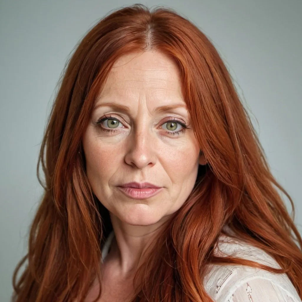 Prompt: WOMAN, ULTRA HIGH RESOLUTION, HD, LONG RED HAIR, 47 YEARS OLD, ROUND FACE, LARGE HAZEL EYES, FULL LIPS, BIG NOSE, THOUGHTFUL, OVERWEIGHT, HIGH FOREHEAD, ROUND CHIN, NOSE RING, MAGAZINE PHOTOSHOOT, 